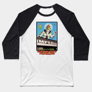 CALEVEROCULON from the PLANET IMPERION! - Pete Coe's Detroit Kaiju Series Baseball T-Shirt